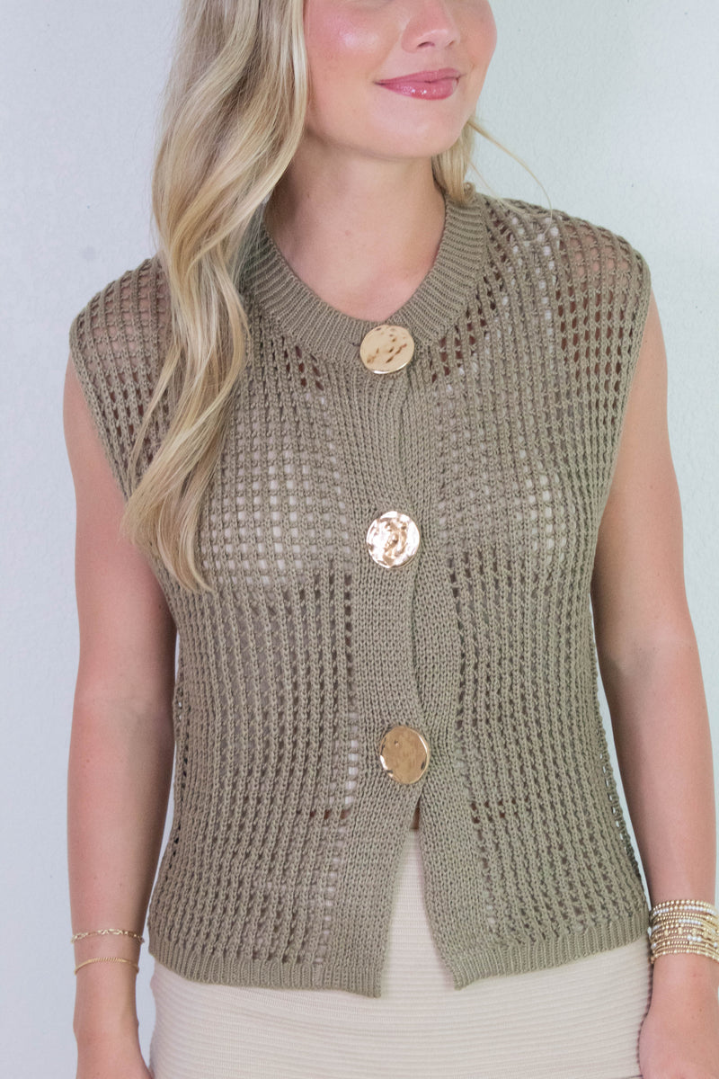 Leah Big Metal Button Sweater Vest, Mocha