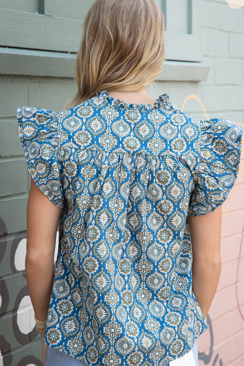 Kimberly Smocked Detail Printed Top, Blue