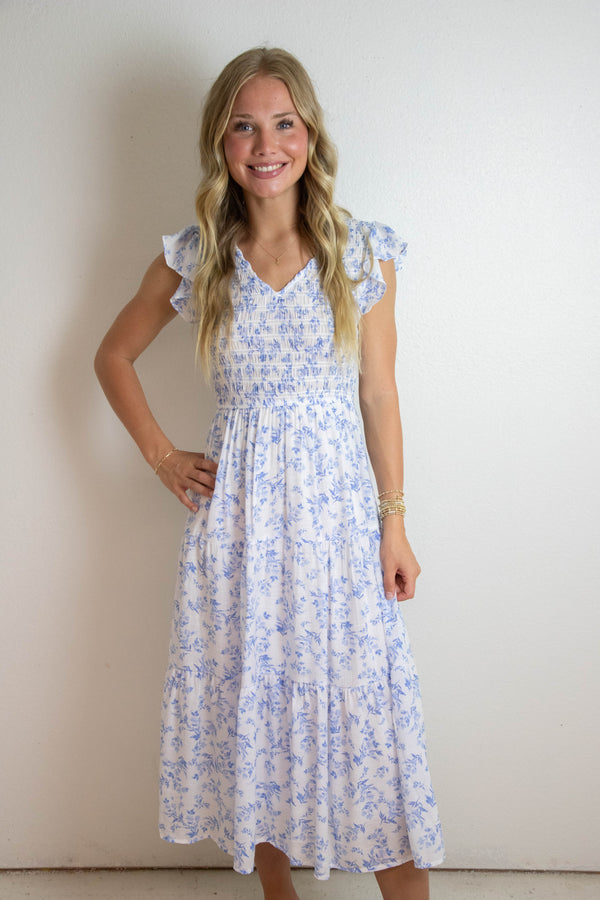 Astrid Floral V-Neck Smocked Dress, Blue Multi