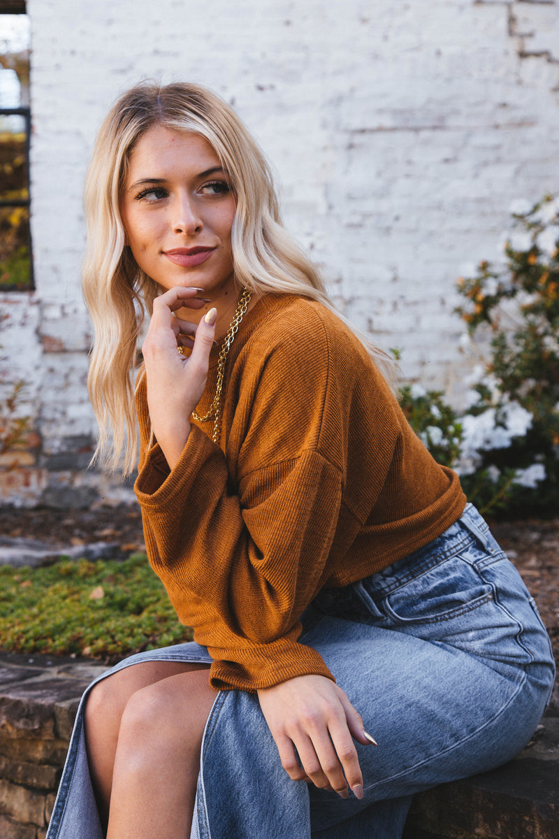 Wrenlee Long Sleeve Drop Sleeve Knit Crop Top, Camel