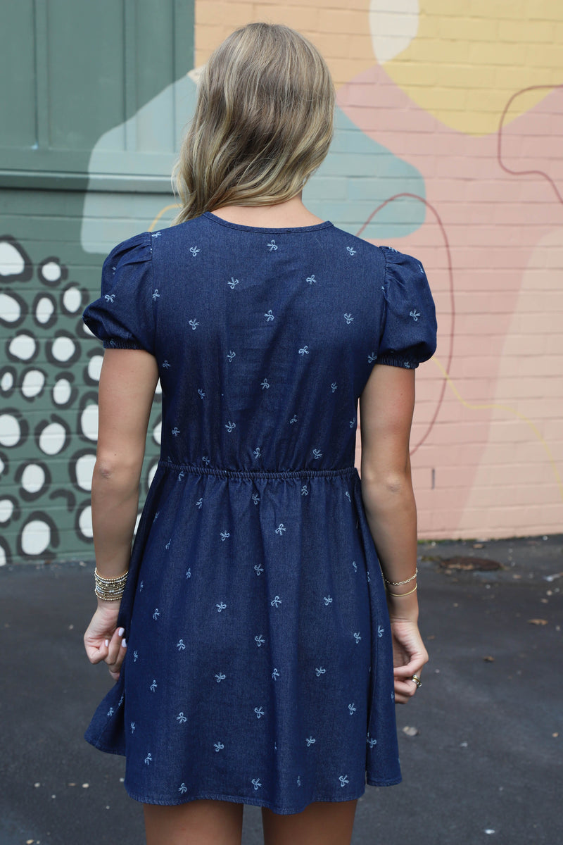 Briella Bow Pattern Front Tie Dress, Denim