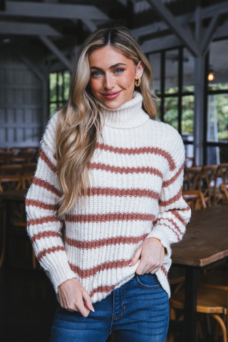 Aki Turtleneck Striped Sweater, Ivory/Camel | Sadie & Sage
