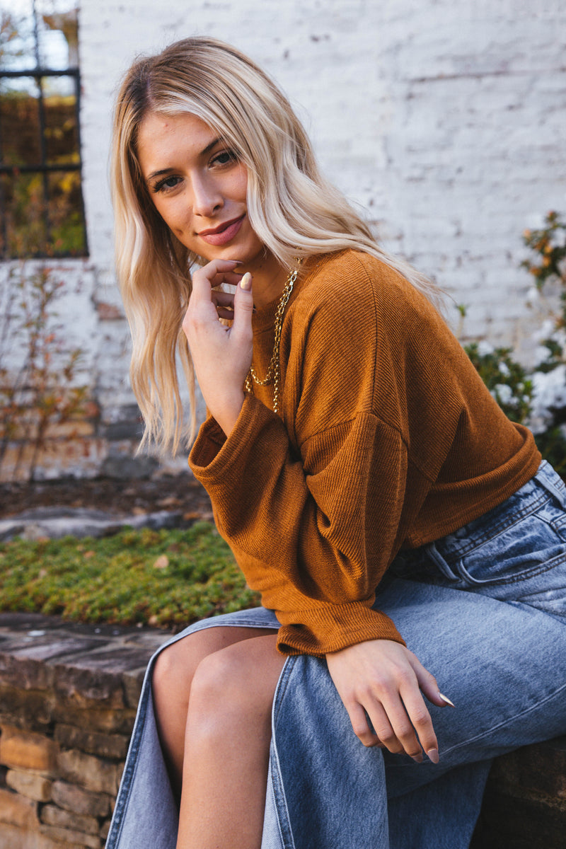 Wrenlee Long Sleeve Drop Sleeve Knit Crop Top, Camel