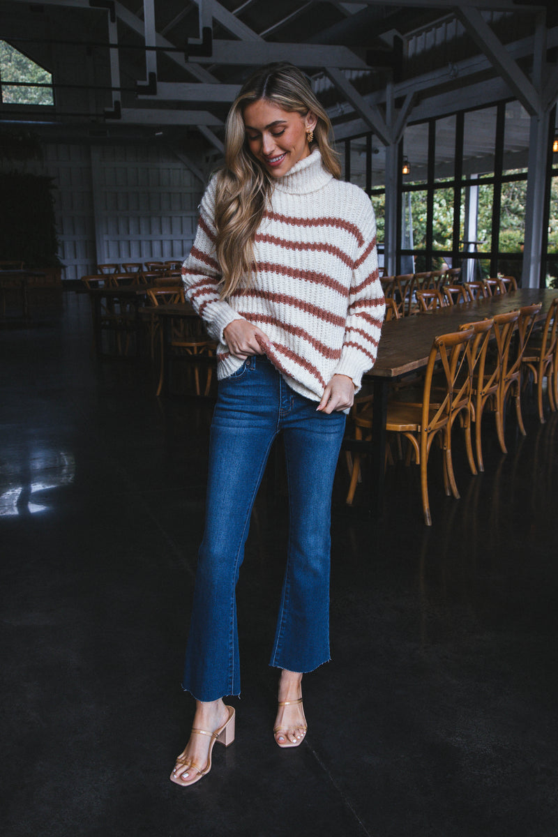 Aki Turtleneck Striped Sweater, Ivory/Camel | Sadie & Sage