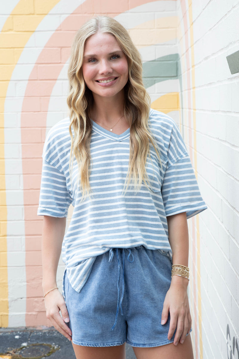 Tiana Raw Edge Striped Top, Sky