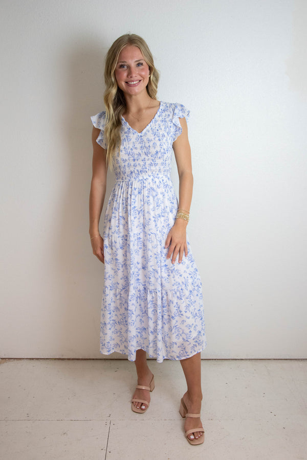 Astrid Floral V-Neck Smocked Dress, Blue Multi