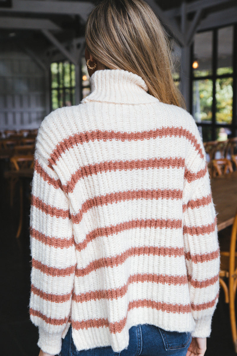 Aki Turtleneck Striped Sweater, Ivory/Camel | Sadie & Sage