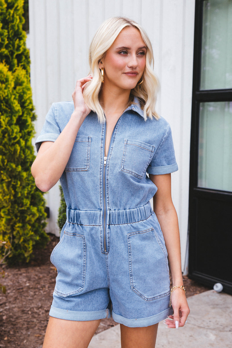 Willa Washed Romper, Denim