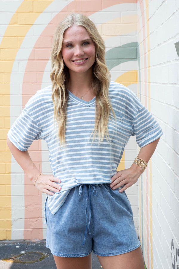 Tiana Raw Edge Striped Top, Sky