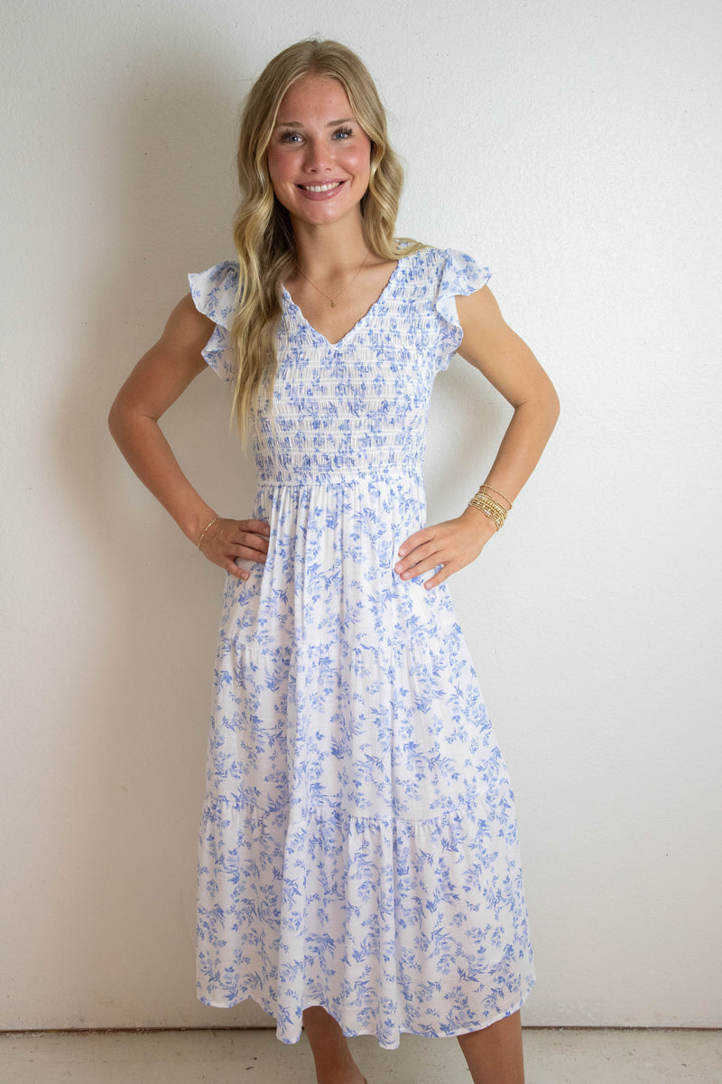 Astrid Floral V-Neck Smocked Dress, Blue Multi