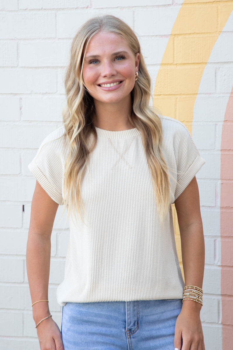 Lilly Ribbed Crew Neck Top, Cream