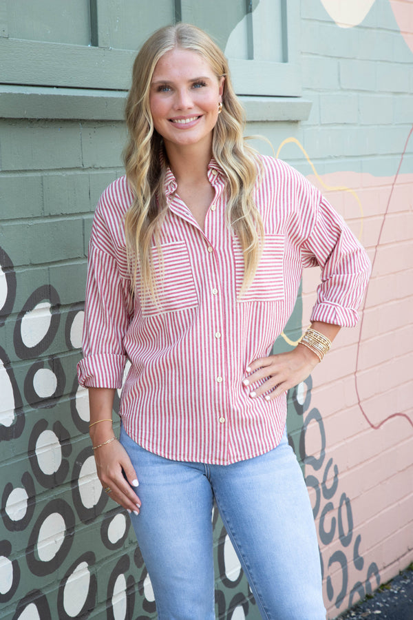 Rachel Striped Button Down Shirt, Red