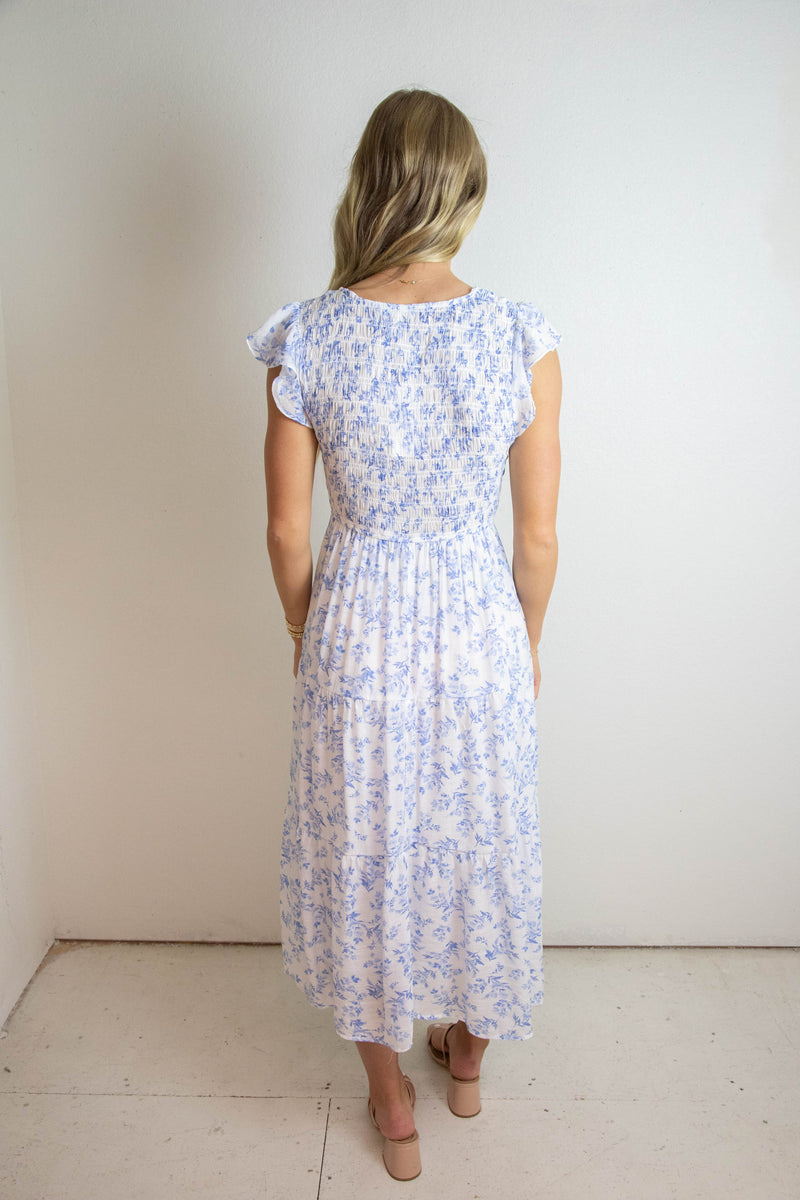 Astrid Floral V-Neck Smocked Dress, Blue Multi