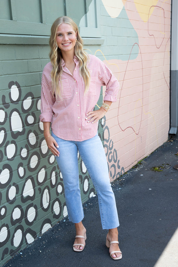 Rachel Striped Button Down Shirt, Red