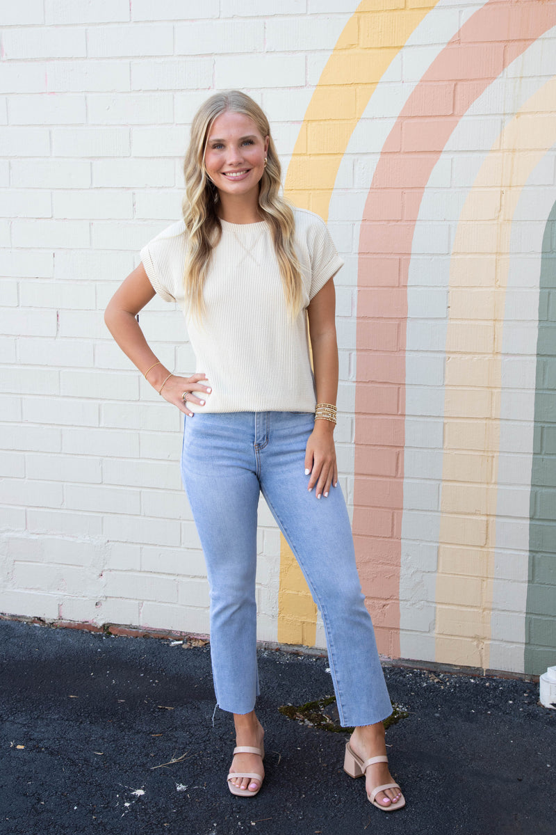 Lilly Ribbed Crew Neck Top, Cream