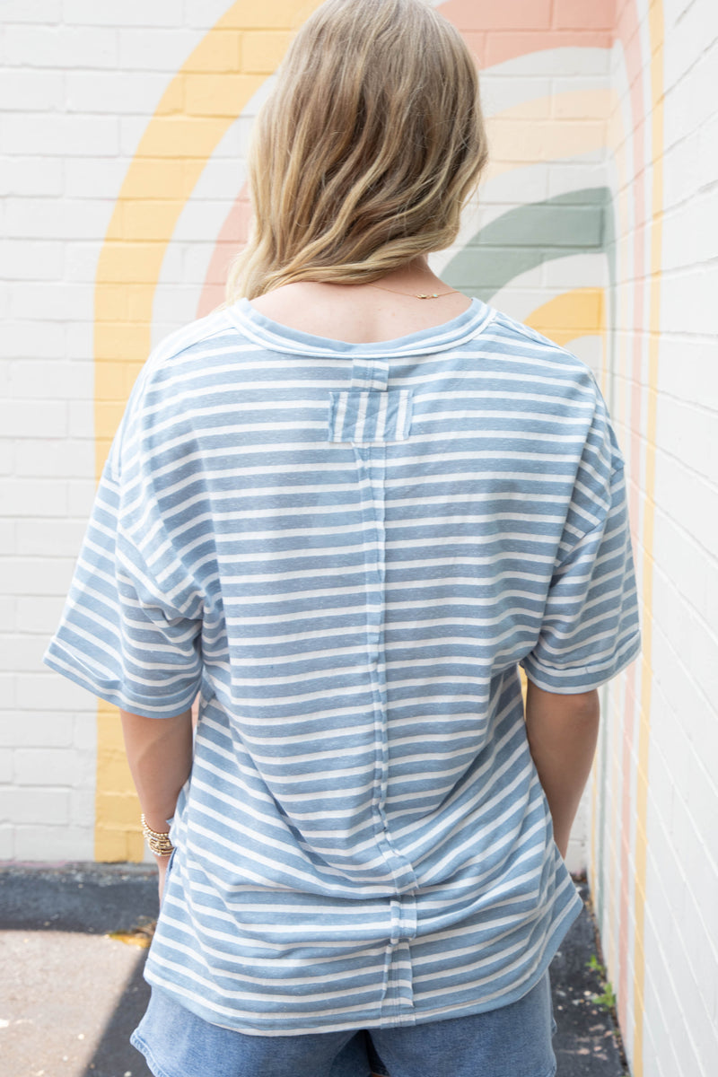 Tiana Raw Edge Striped Top, Sky
