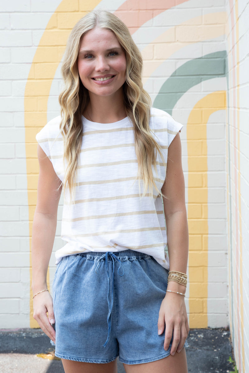 Frankie Pleated Muscle Tee, Sandstone Stripe | Sanctuary