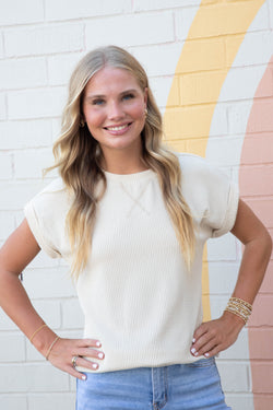 Lilly Ribbed Crew Neck Top, Cream