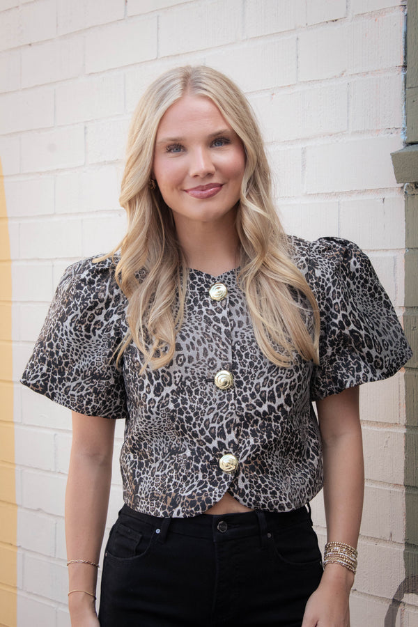 Faye Puff Sleeve Leopard Jacket, Black
