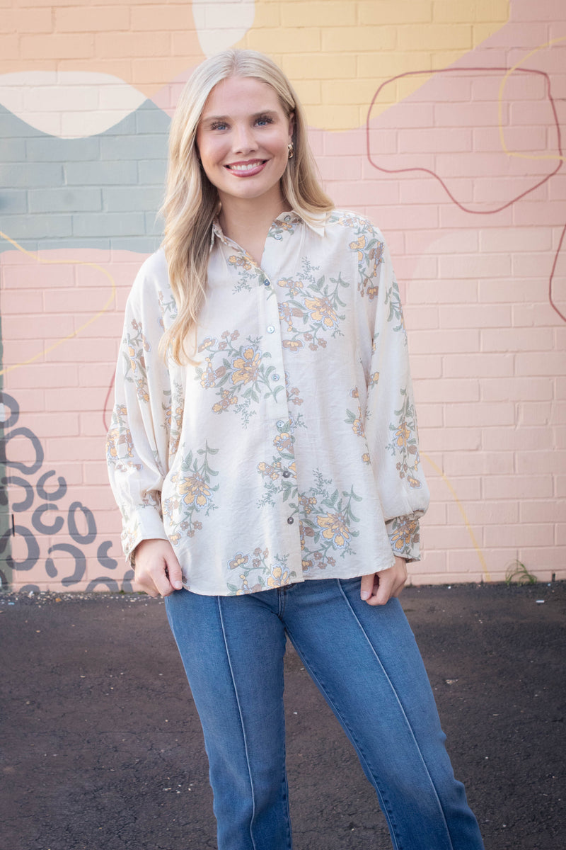Lucy Button Down Floral Top, Ecru