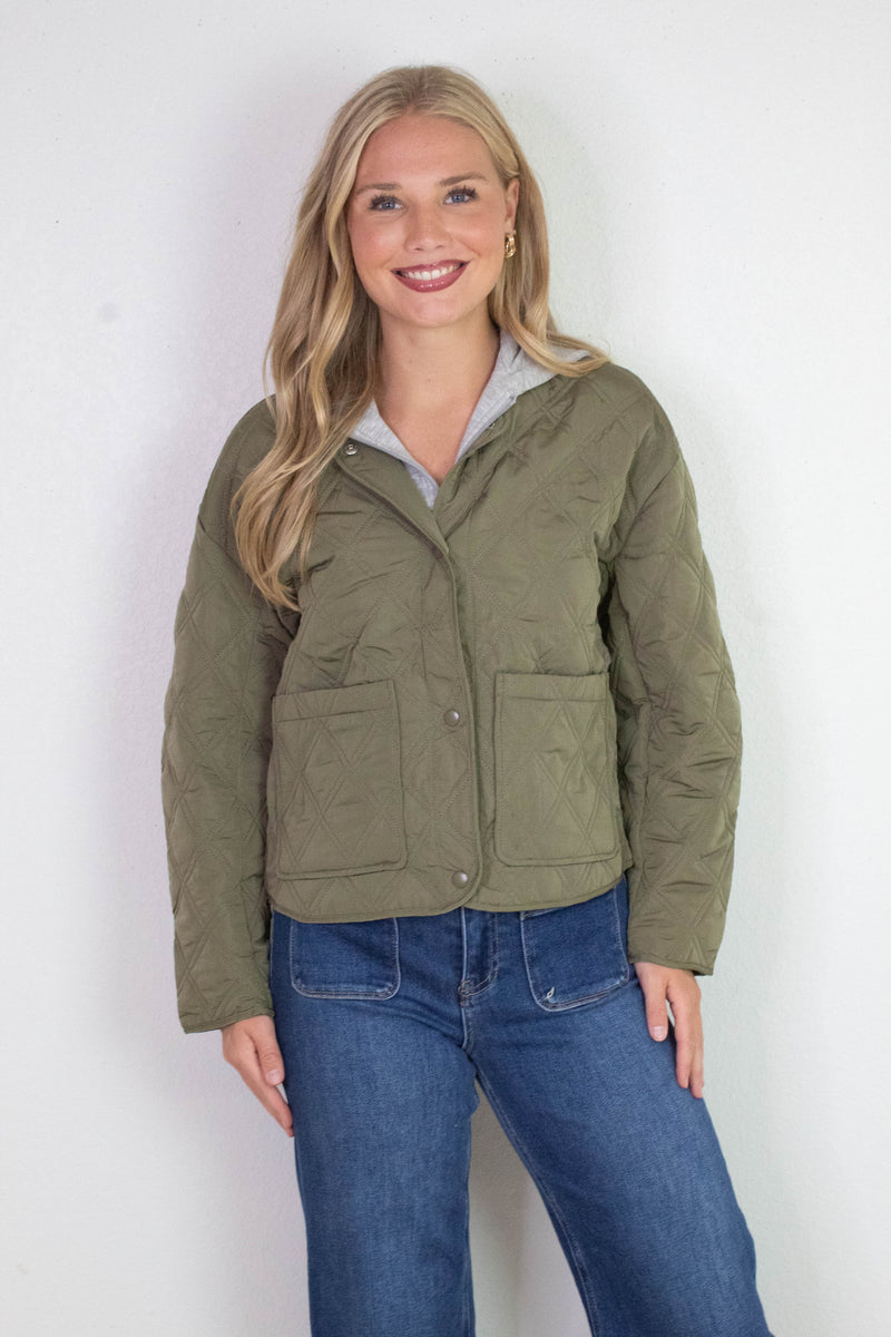 Iris Quilted Contrast Hood Jacket, Olive