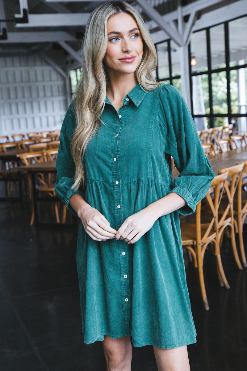 Lassen Corduroy Button Up Dress, Evergreen