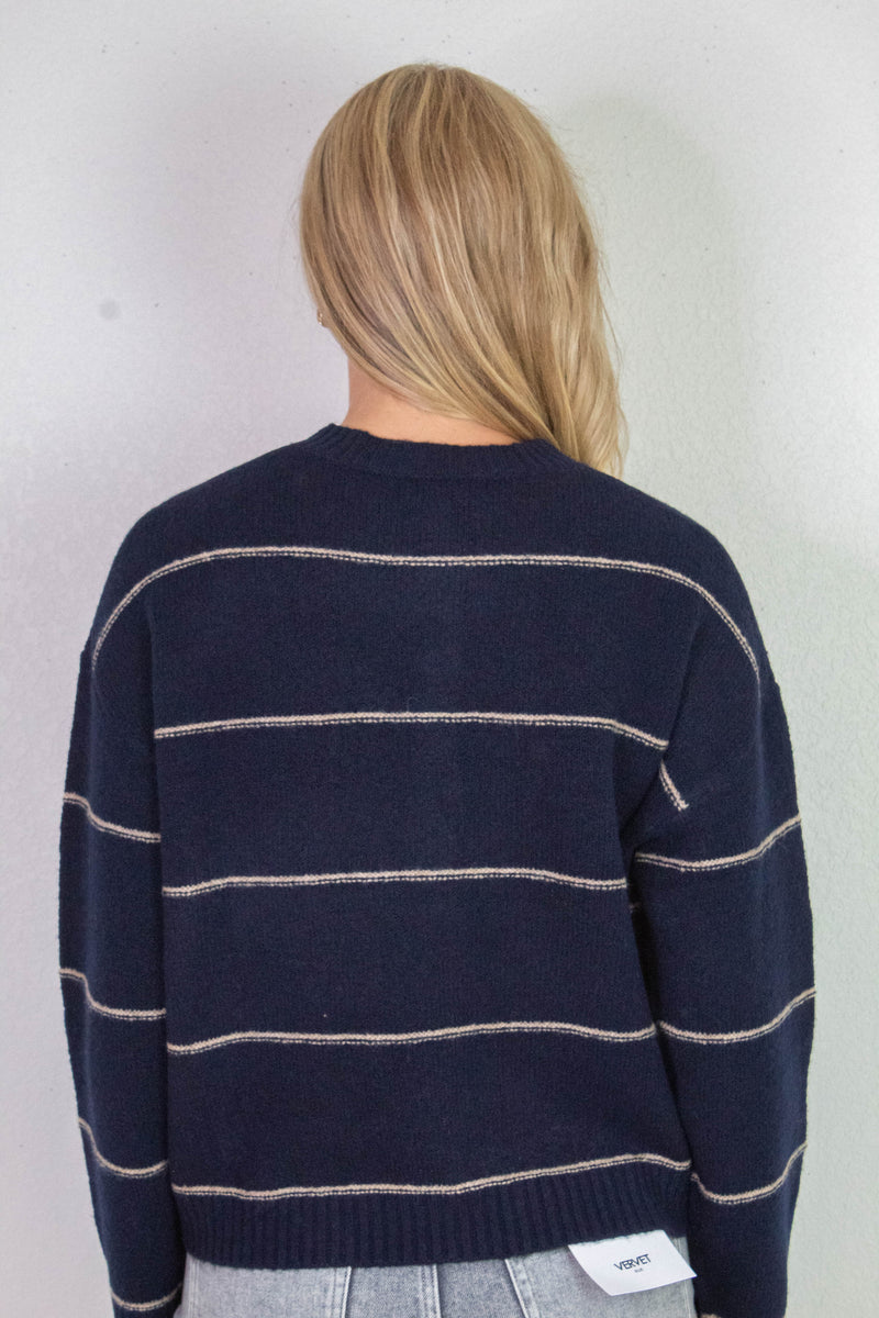 Jade Thin Stripe Button Down Cardigan, Navy