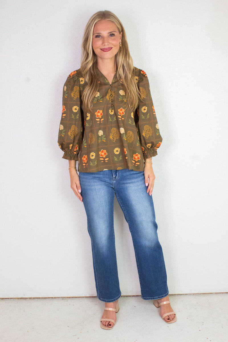 Emilia Floral Print Ruffle Detailed Top, Olive