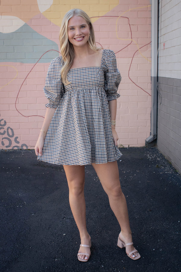 Rumi Square Neck Plaid Mini Dress, Navy/Brown
