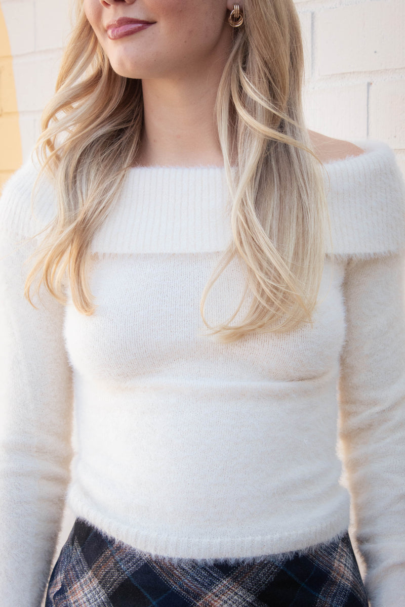 Wren Off Shoulder Fold Over Sweater, Cream