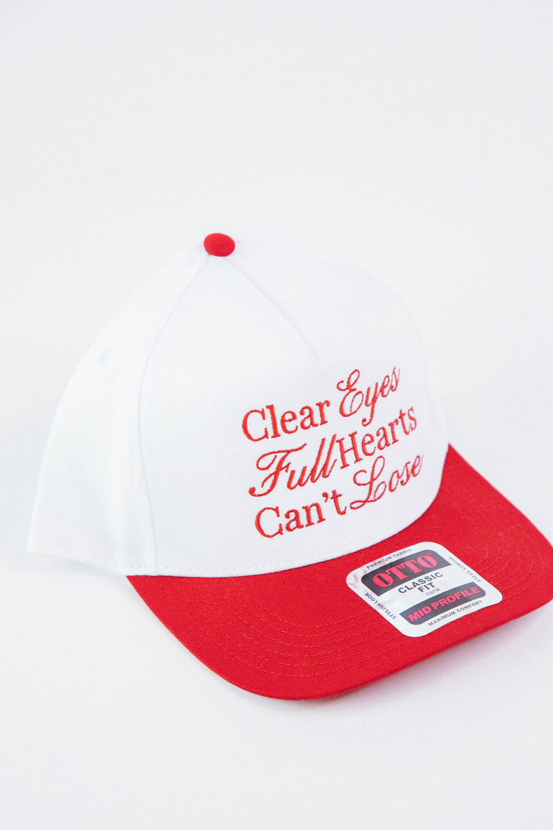 Clear Eyes Full Hearts Trucker Hat, White/Red