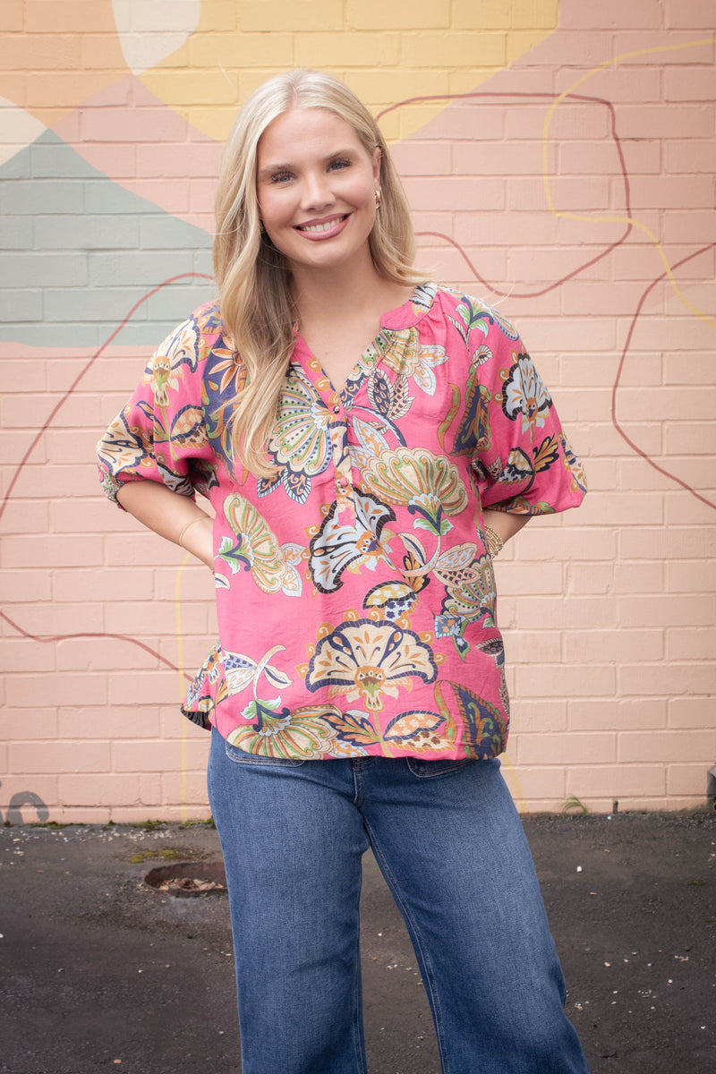 Cecilia Printed Half Sleeve Blouse, Pink