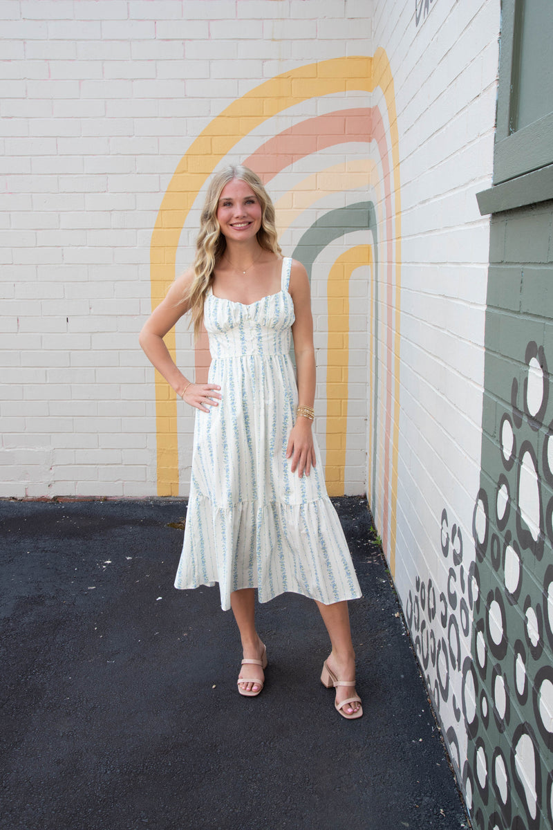 Beatrice Floral Stripe Midi Dress, Blue Multi