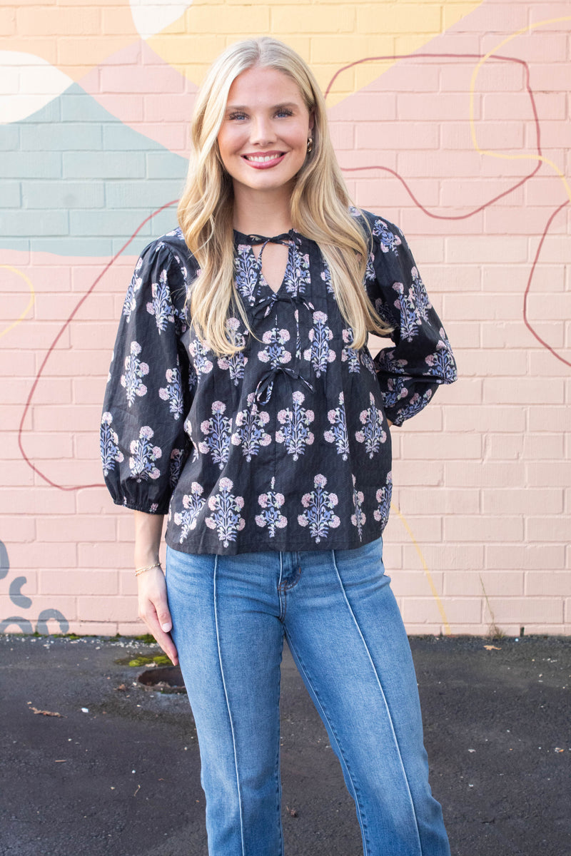 Reese Tie Neck Blouse, Black Mix