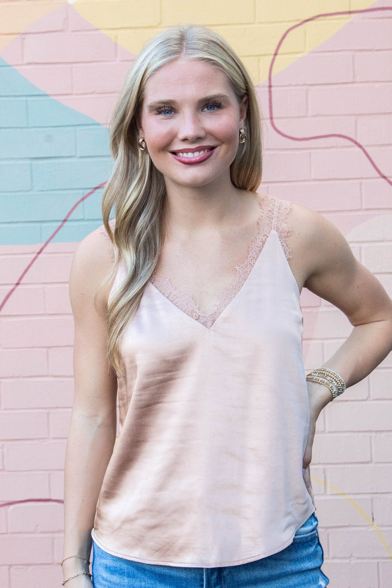 Averie Lace Trim Satin Cami, Almond