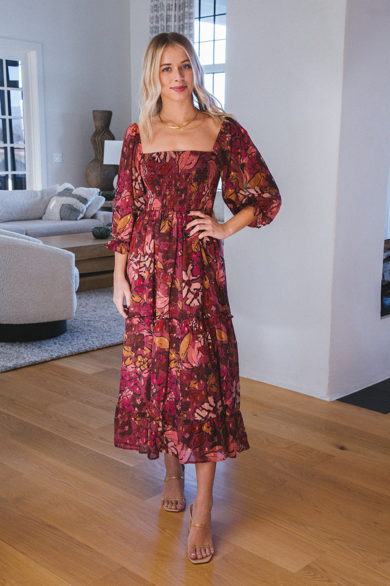 Maggie Chiffon Midi Dress, Wine Multi