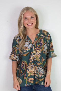 Cecilia Printed Half Sleeve Blouse, Teal