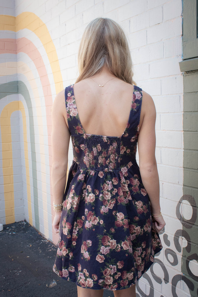 Opal Stone Washed Floral Denim Dress, Navy