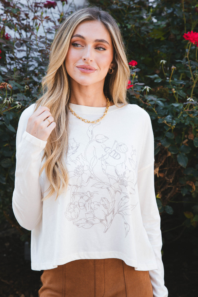 Embroidered Flower Graphic Long Sleeve Tee, Vintage White
