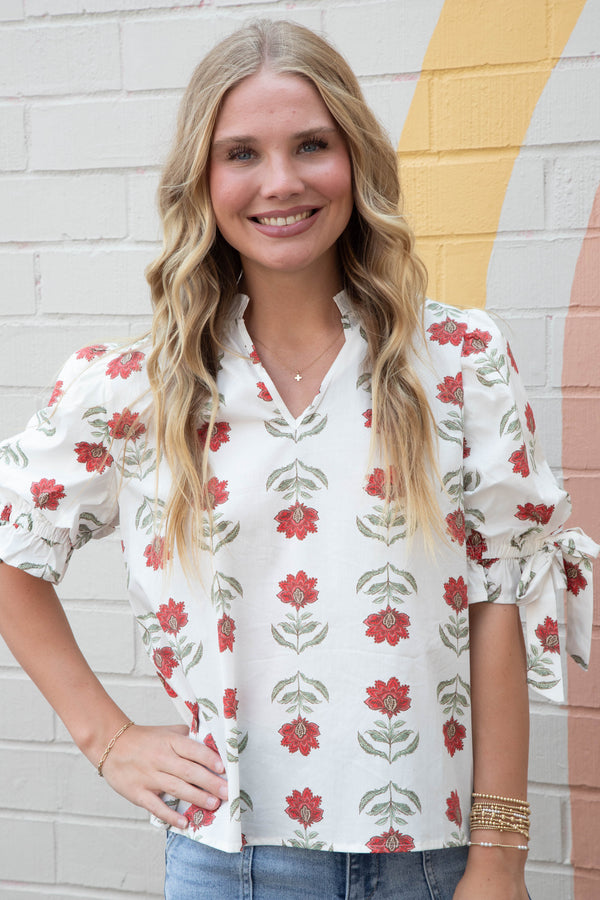 Athena Floral Print Ruffle Neck Top, Off White