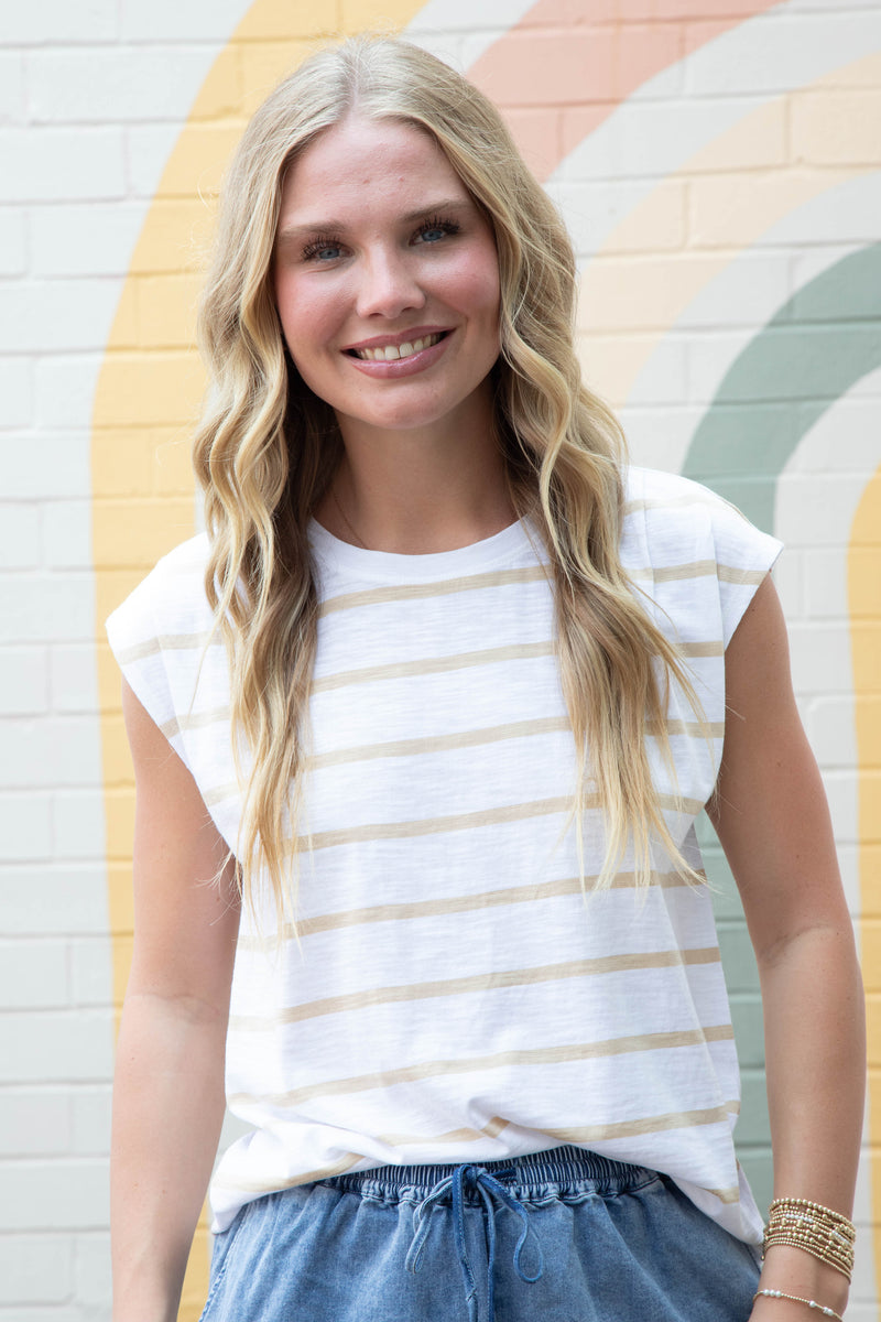 Frankie Pleated Muscle Tee, Sandstone Stripe | Sanctuary