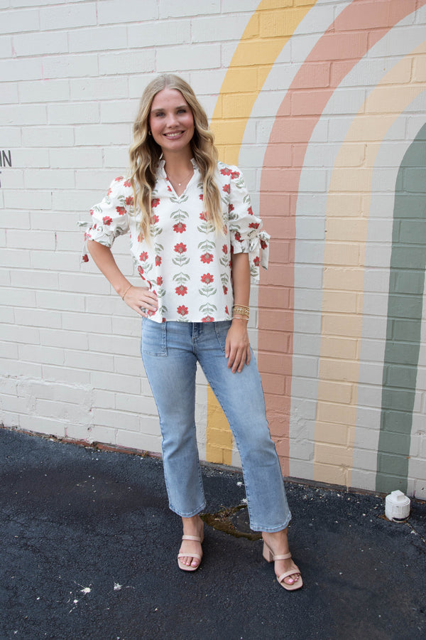 Athena Floral Print Ruffle Neck Top, Off White