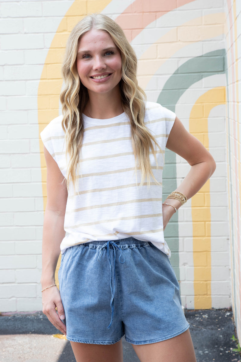 Frankie Pleated Muscle Tee, Sandstone Stripe | Sanctuary
