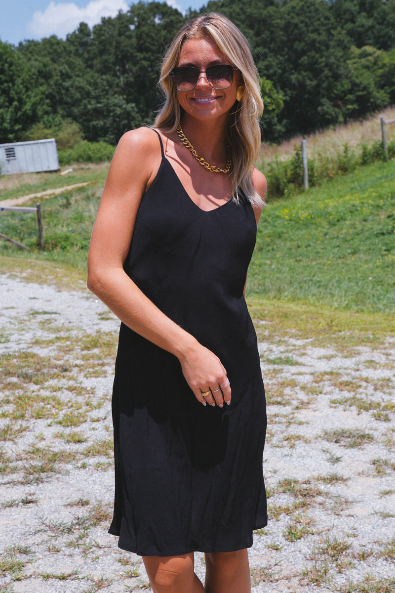 Kamryn Knee Length Slip Dress, Black