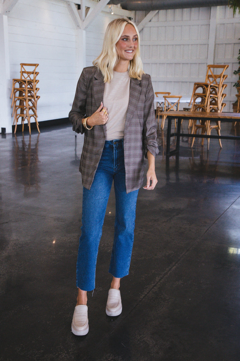 Samara Hem Detail Straight Leg Jeans, Dark Denim