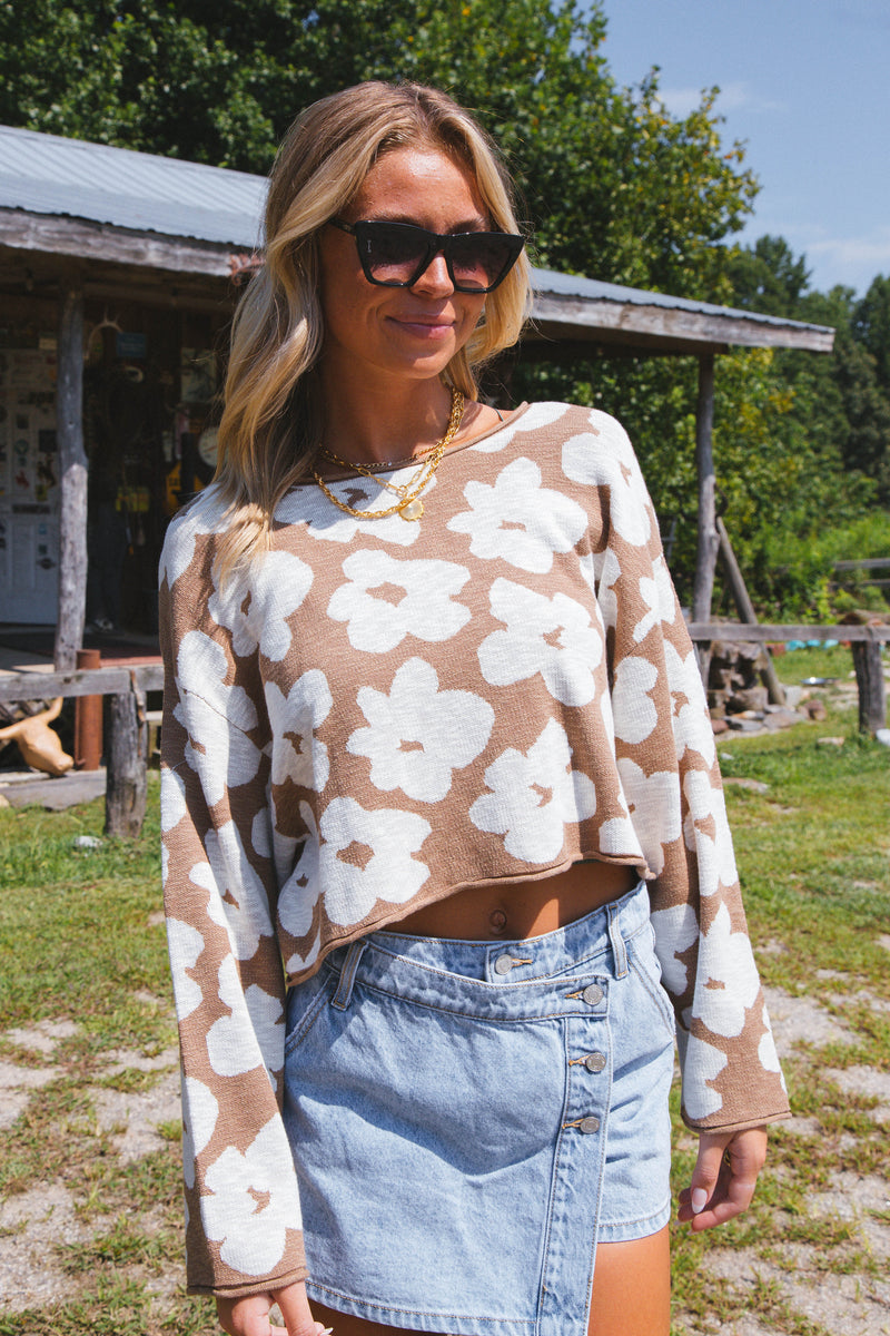 Floral Knit Cropped Sweater, Taupe