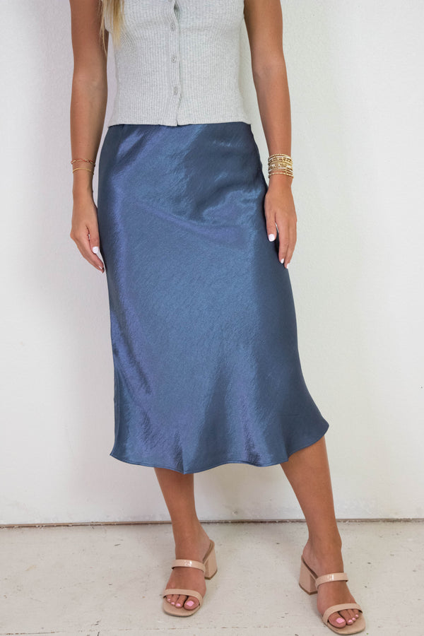 Saige Elastic Waist Midi Skirt, Dusty Navy