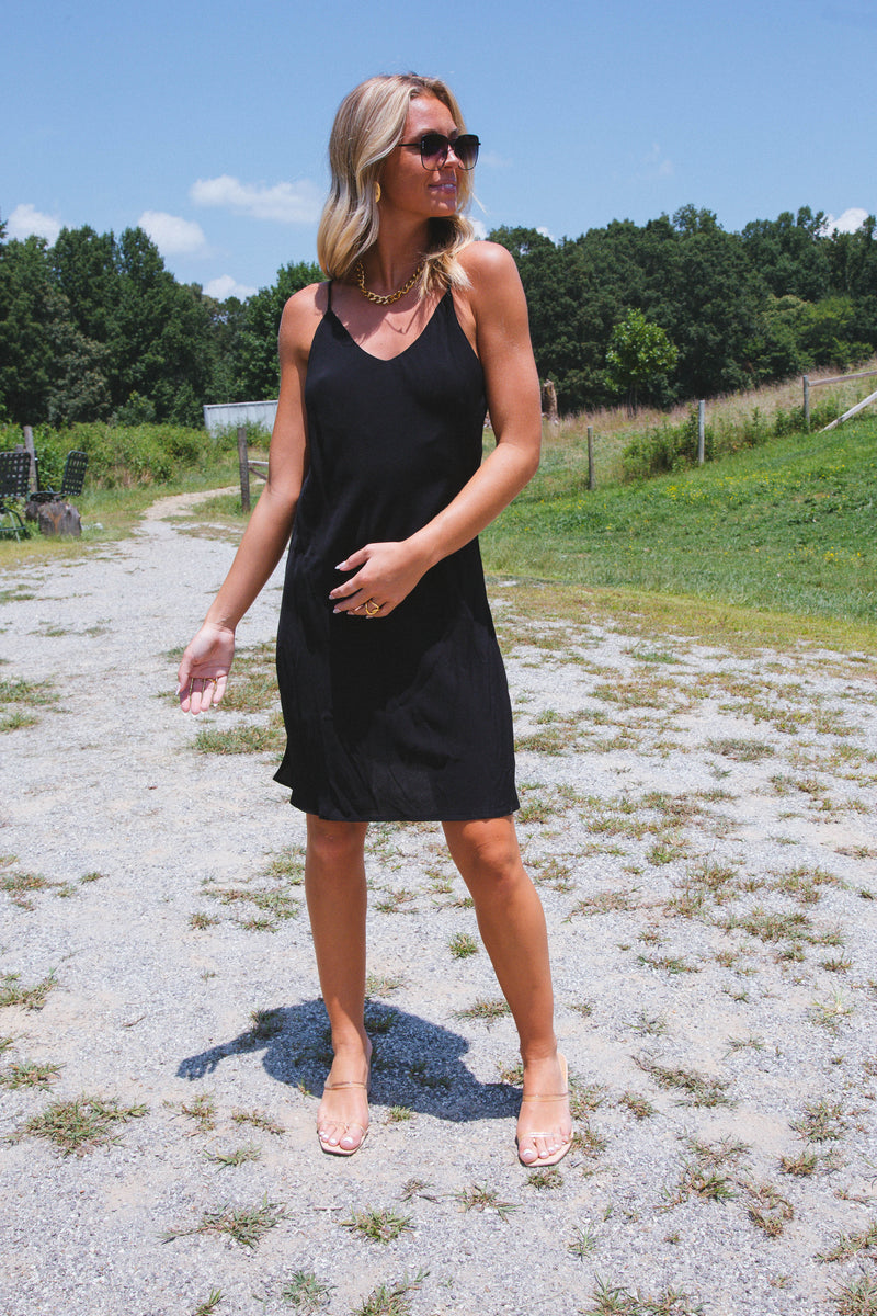 Kamryn Knee Length Slip Dress, Black