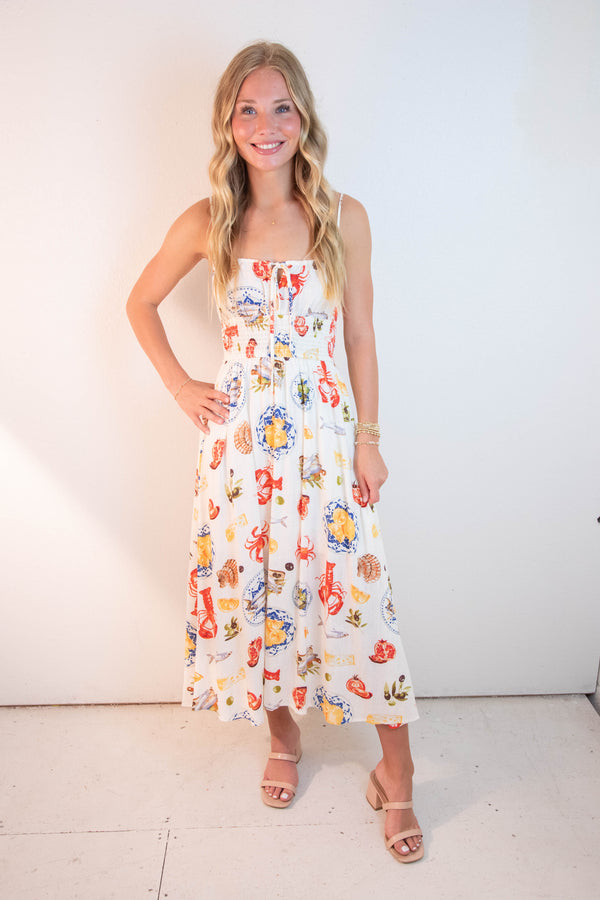 Faye Seaside Lunch Midi Dress, Ivory Multi