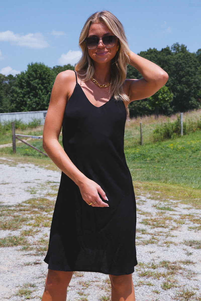 Kamryn Knee Length Slip Dress, Black